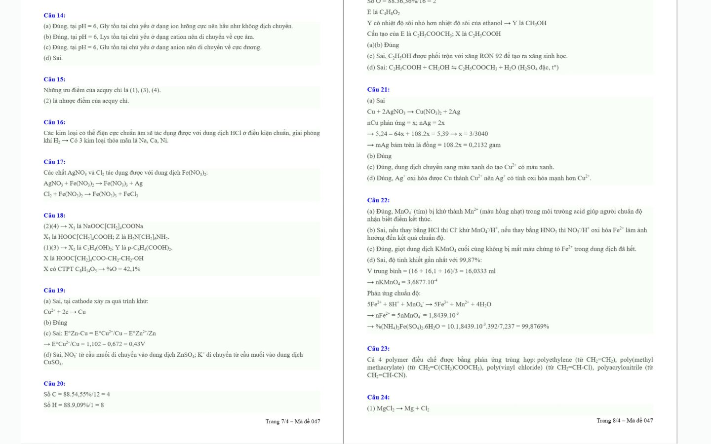 Đáp án đề thi thử tốt nghiệp THPT 2025 môn Hóa TPHCM trang 7 và 8