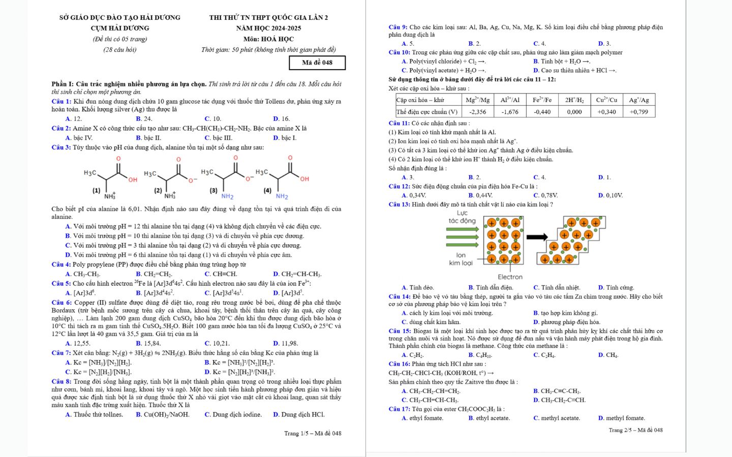 Đề thi thử tốt nghiệp THPT 2025 môn Hóa tỉnh Hải Dương trang 1 và 2