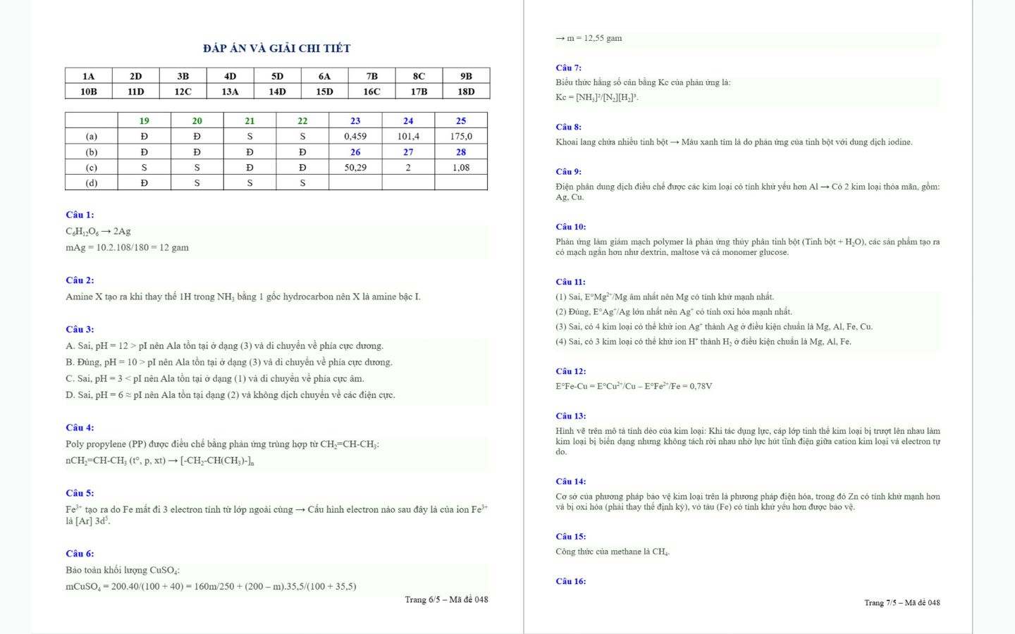 Đáp án đề thi thử tốt nghiệp THPT 2025 môn Hóa tỉnh Hải Dương trang 6 và 7
