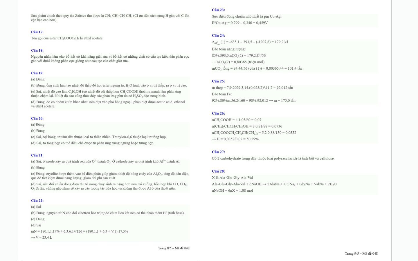 Đáp án đề thi thử tốt nghiệp THPT 2025 môn Hóa tỉnh Hải Dương trang 8 và 9
