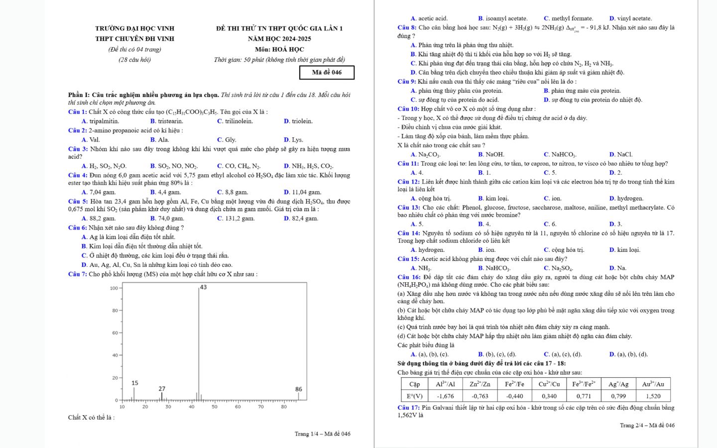 Đề thi thử tốt nghiệp THPT 2025 môn Hóa trường THPT Chuyên Đại học Vinh trang 1 và 2