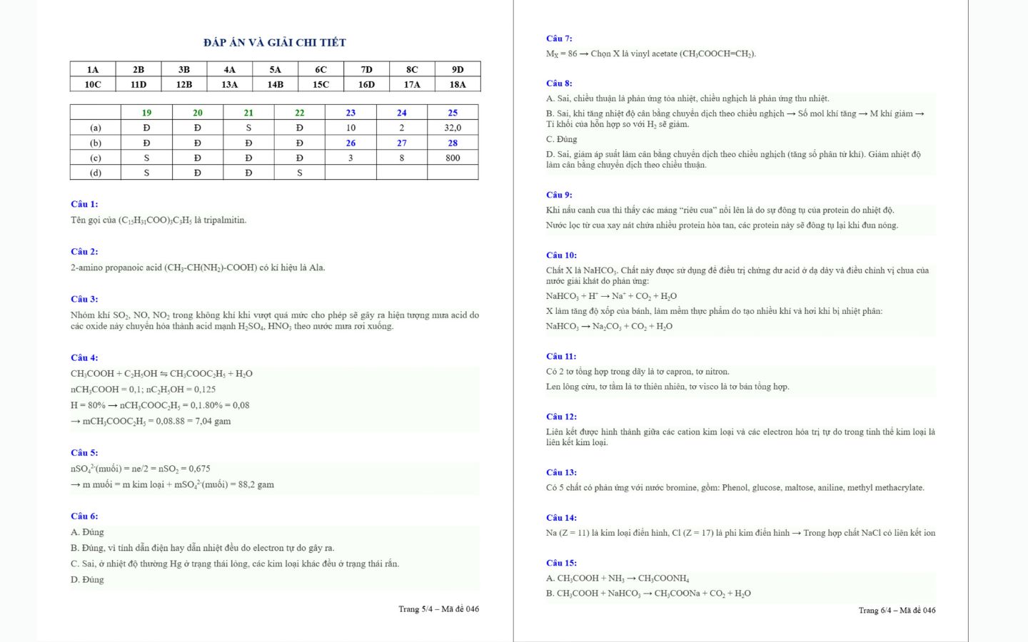 Đáp án đề thi thử tốt nghiệp THPT 2025 môn Hóa trường THPT Chuyên Đại học Vinh trang 5 và 6