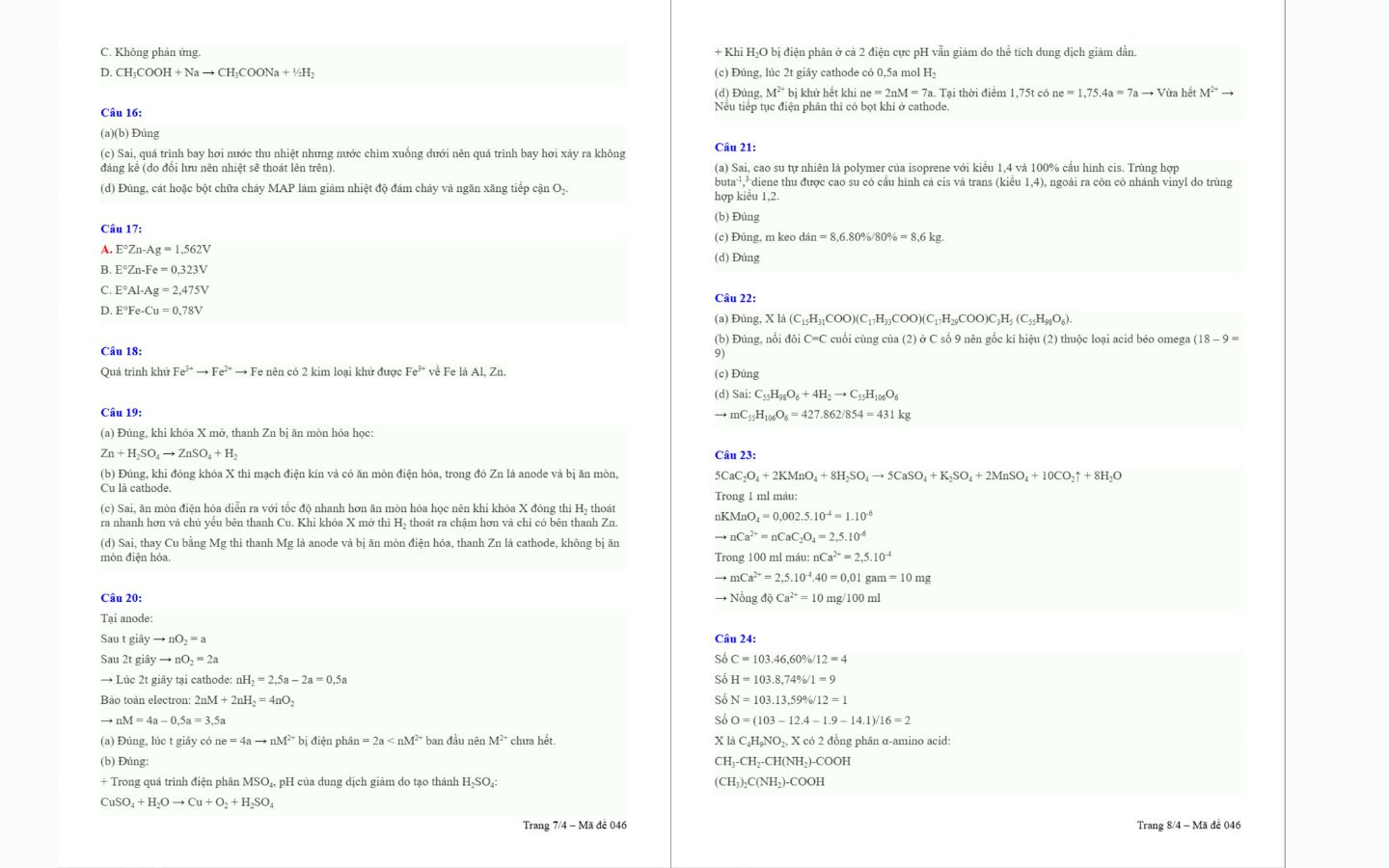 Đáp án đề thi thử tốt nghiệp THPT 2025 môn Hóa trường THPT Chuyên Đại học Vinh trang 7 và 8