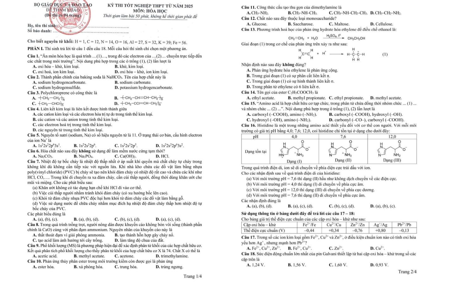 Đề thi thử tốt nghiệp THPT 2025 môn Hóa từ Bộ Giáo dục & Đào tạo trang 1 và 2