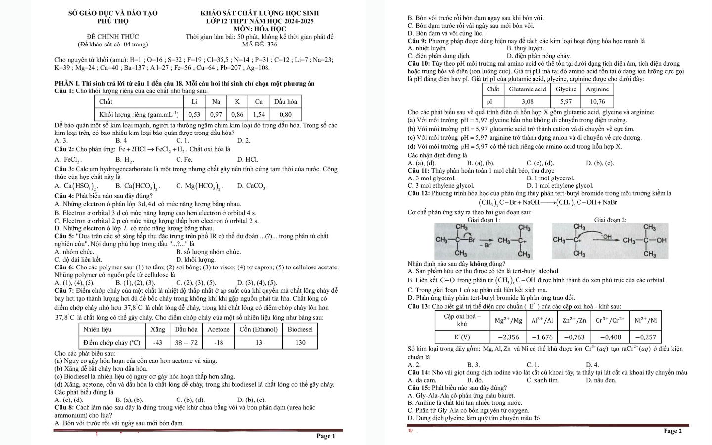Đề thi thử tốt nghiệp THPT 2025 môn Hóa tỉnh Phú Thọ trang 1 và 2