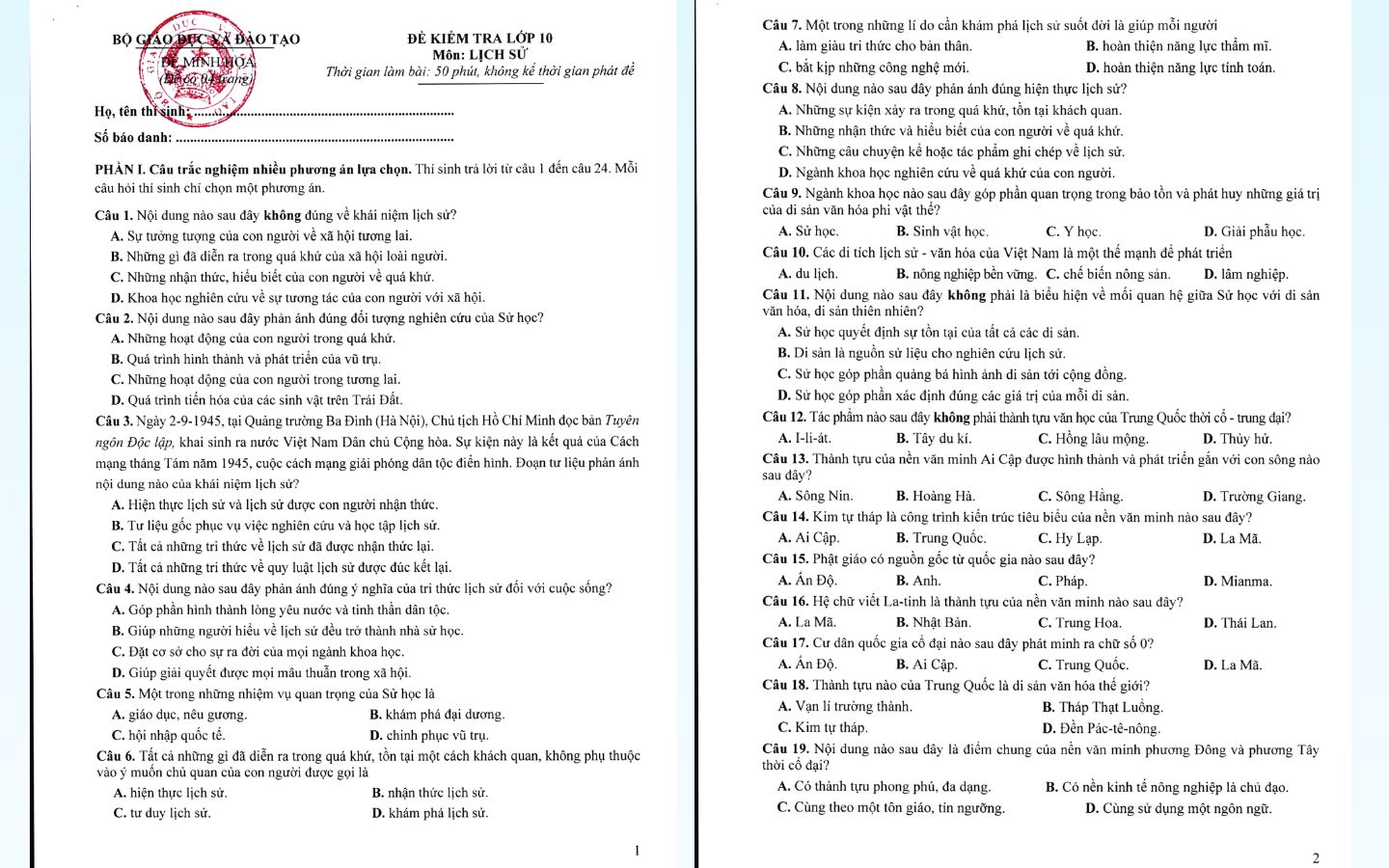  Đề thi thử THPT Quốc gia 2025 môn Lịch sử của Bộ GD&ĐT có đáp án