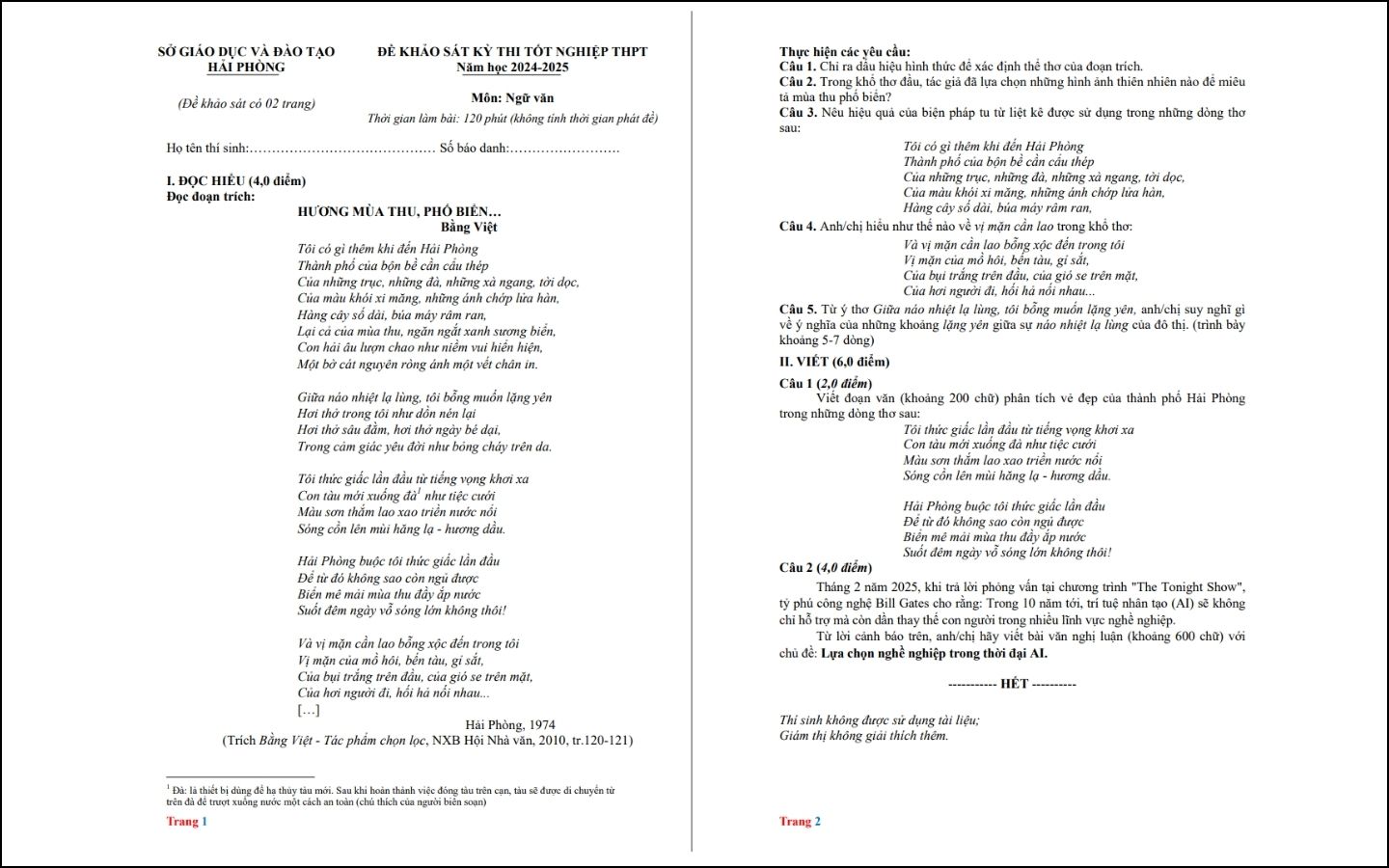 Đề thi thử THPT 2025 môn Ngữ văn - Sở GD&ĐT Hải Phòng - Trang 1-2