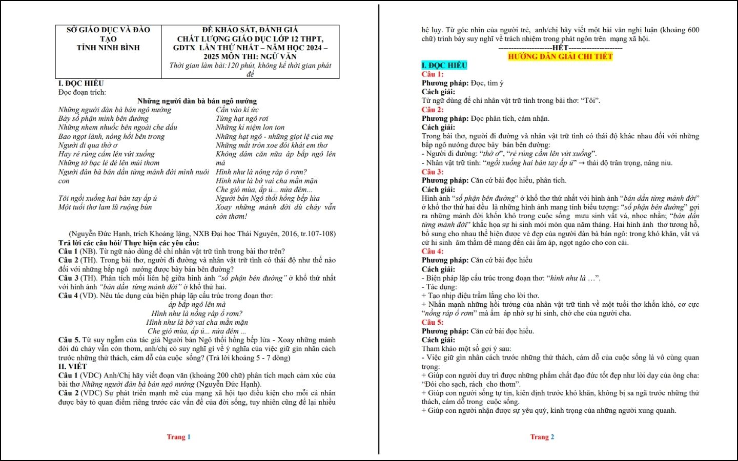 Đề thi thử THPT 2025 môn Ngữ văn - Sở GD&ĐT Ninh Bình - Trang 1-2