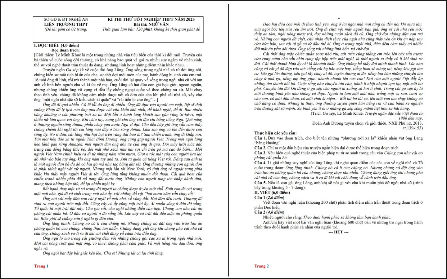 Đề thi thử THPT 2025 môn Ngữ văn - THPT Liên Trường Nghệ An - Trang 1-2
