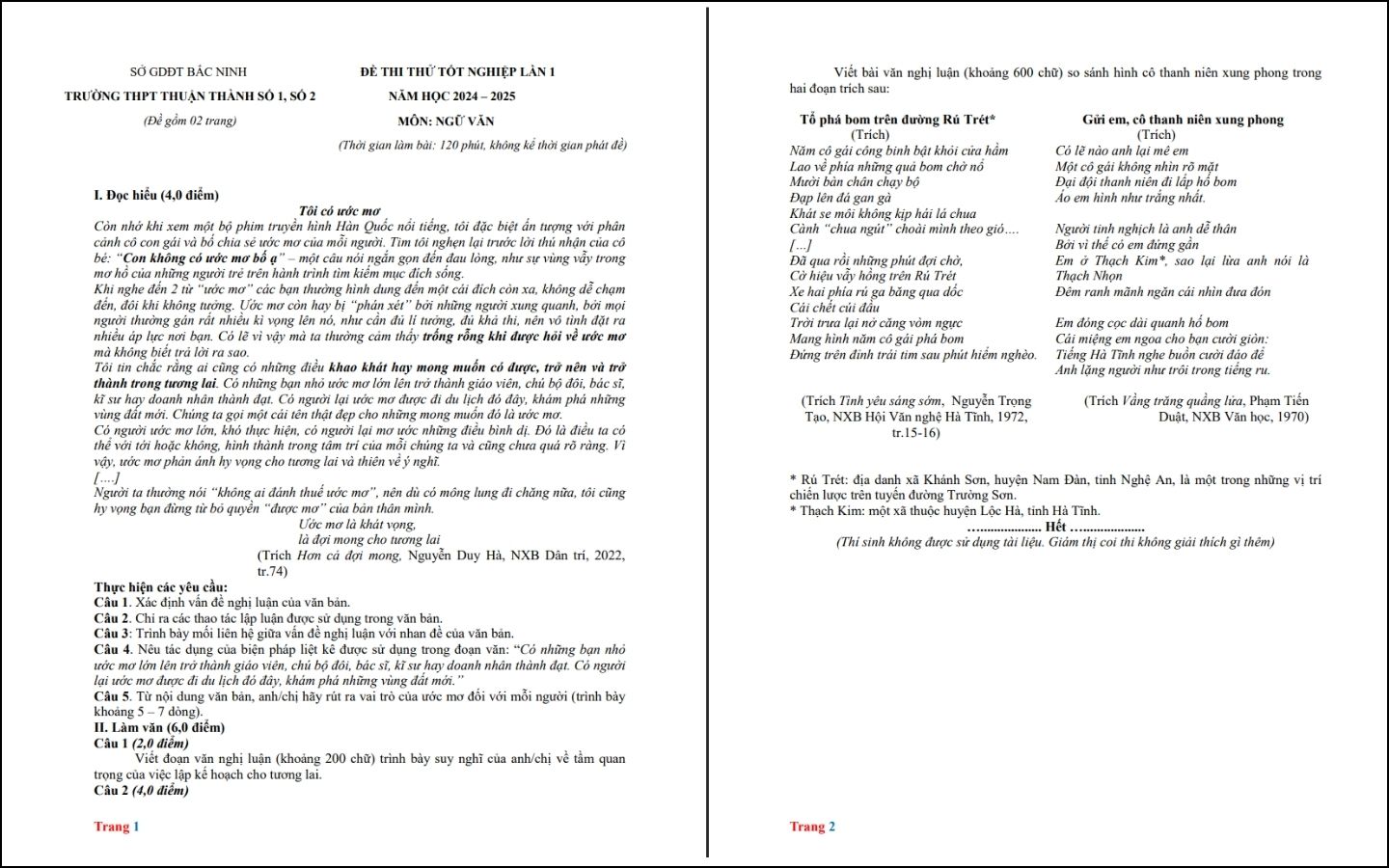 Đề thi thử THPT 2025 môn Ngữ văn - THPT Thuận Thành - Trang 1-2
