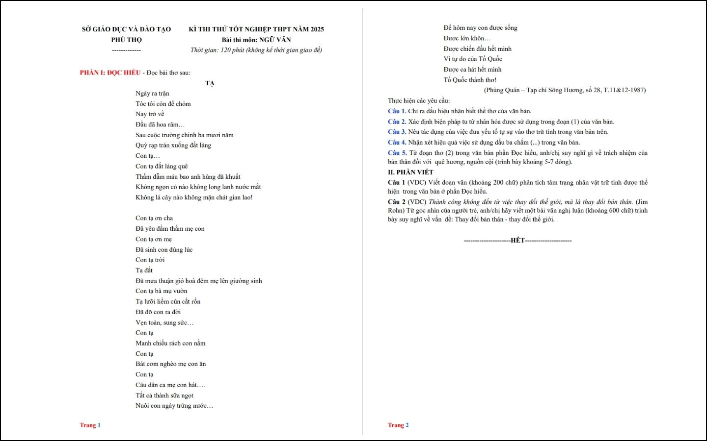 Đề thi thử THPT năm 2025 môn Ngữ văn - Sở GD&ĐT Phú Thọ - Trang 1-2