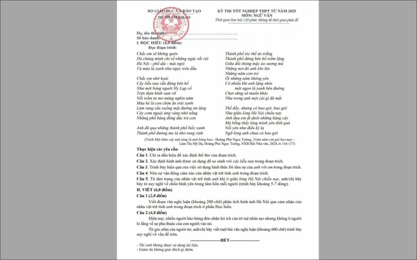 Đề thi thử tốt nghiệp THPT 2025 môn Ngữ văn của Bộ