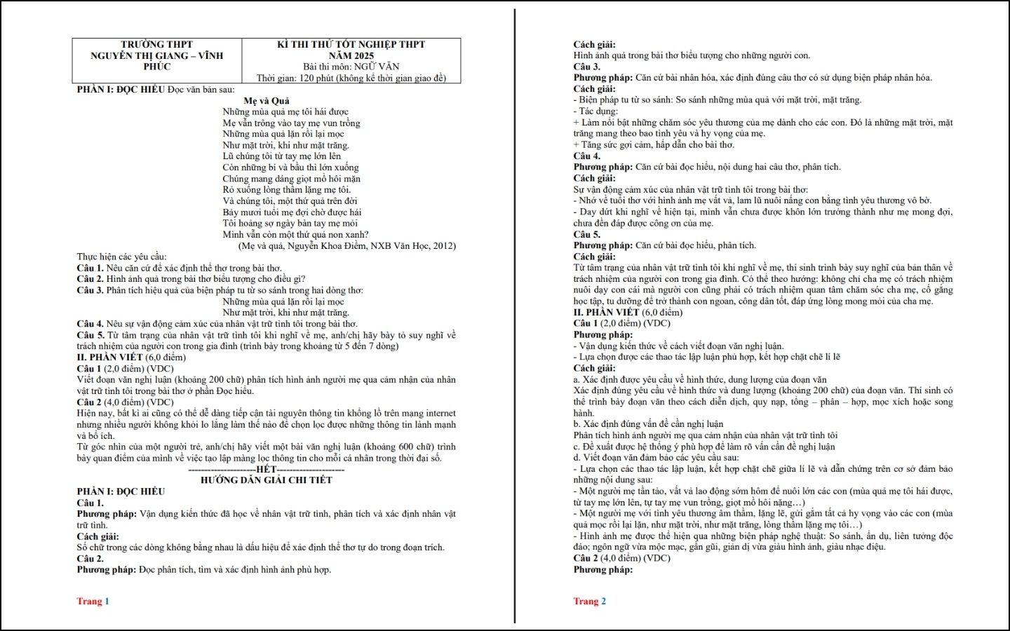 Đề thi thử  môn Ngữ văn - THPT Nguyễn Thị Giang, Vĩnh Phúc - Trang 1-2