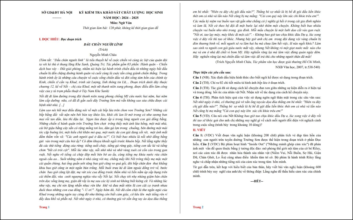 Đề thi thử THPT 2025 môn Ngữ văn - Sở GD&ĐT Hà Nội - Trang 1-2