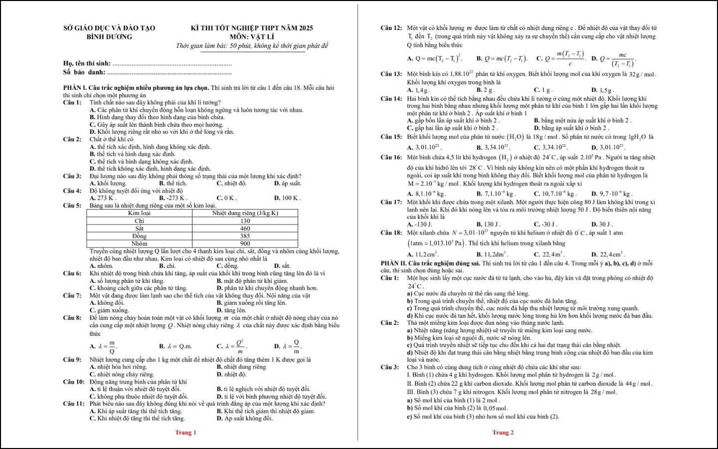 Đề thi thử THPT 2025 môn Vật lý - Sở GD&ĐT Bình Dương - Trang 1-2