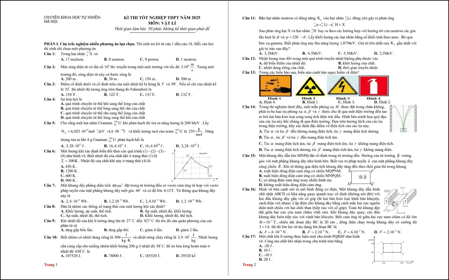 Đề thi thử - THPT Chuyên Khoa Học Tự Nhiên Hà Nội - Trang 1-2