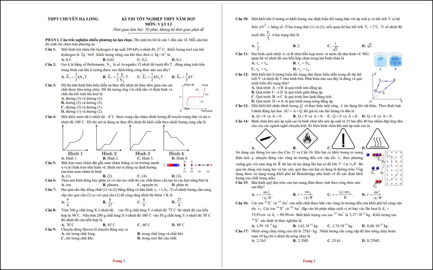 Đề thi thử tốt nghiệp môn Vật lý - THPT Chuyên Hạ Long - Trang 1-2
