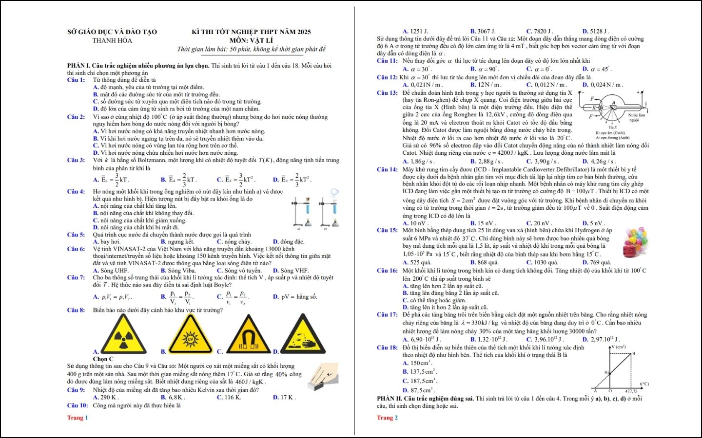 Đề thi thử Vật lý - Sở GD&ĐT Thanh Hóa - Trang 1-2