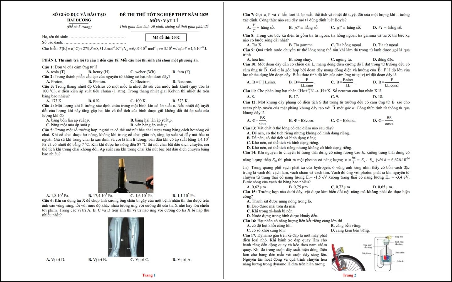 Đề thi thử THPT 2025 môn Vật lý - Sở GD&ĐT Hải Dương - Trang 1-2