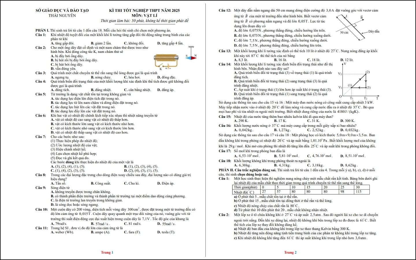 Đề thi thử môn Vật lý 2025 - Sở GD&ĐT Thái Nguyên - Trang 1-2