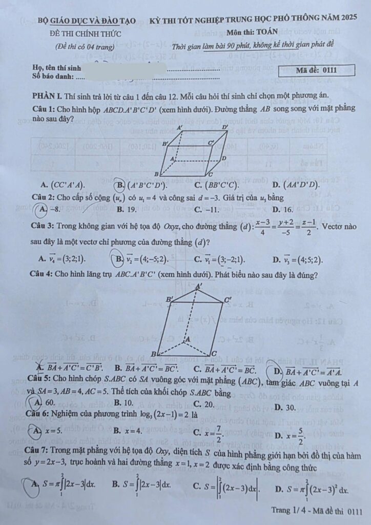 Đề thi môn Toán mã đề 0111 trang 1