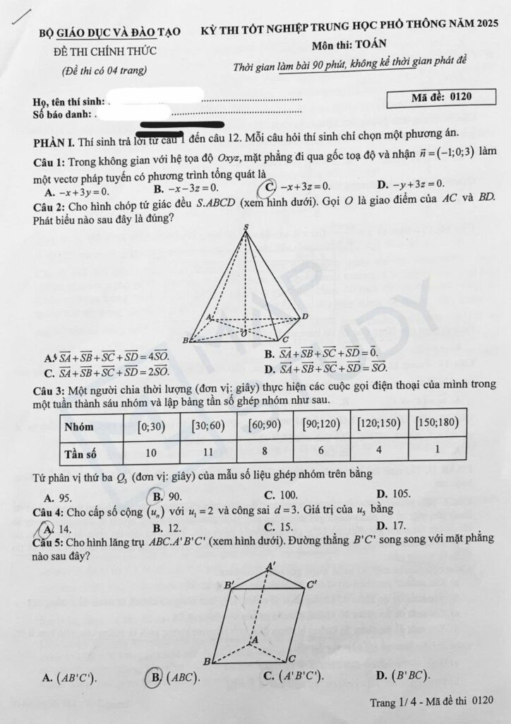 Đề thi môn Toán mã đề 0120 trang 1