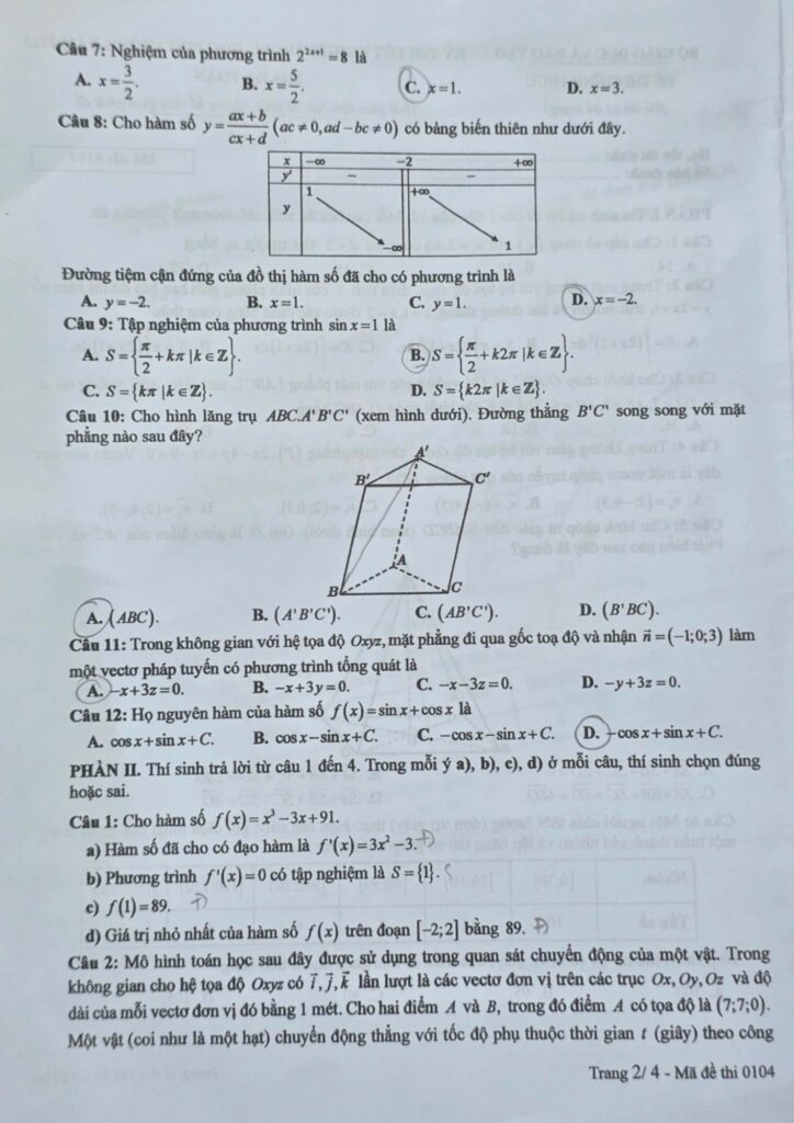Đề thi môn Toán mã đề 0104 trang 2