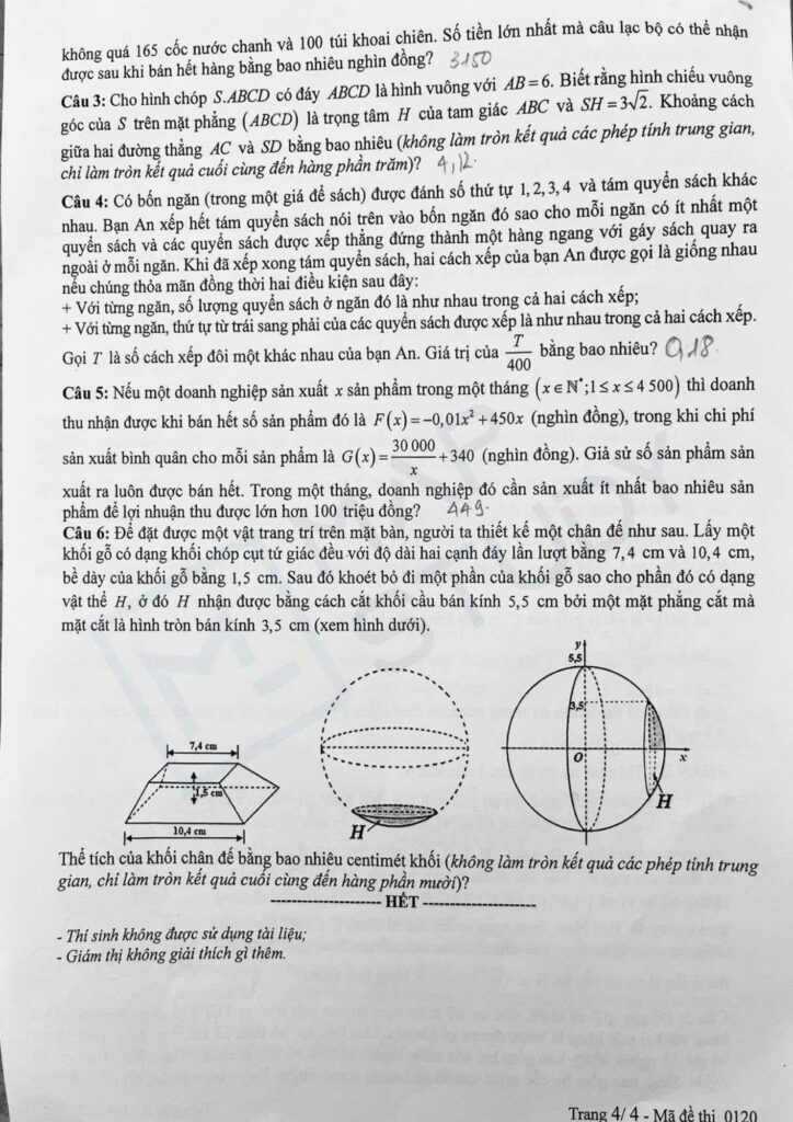 Đề thi môn Toán mã đề 0120 trang 4