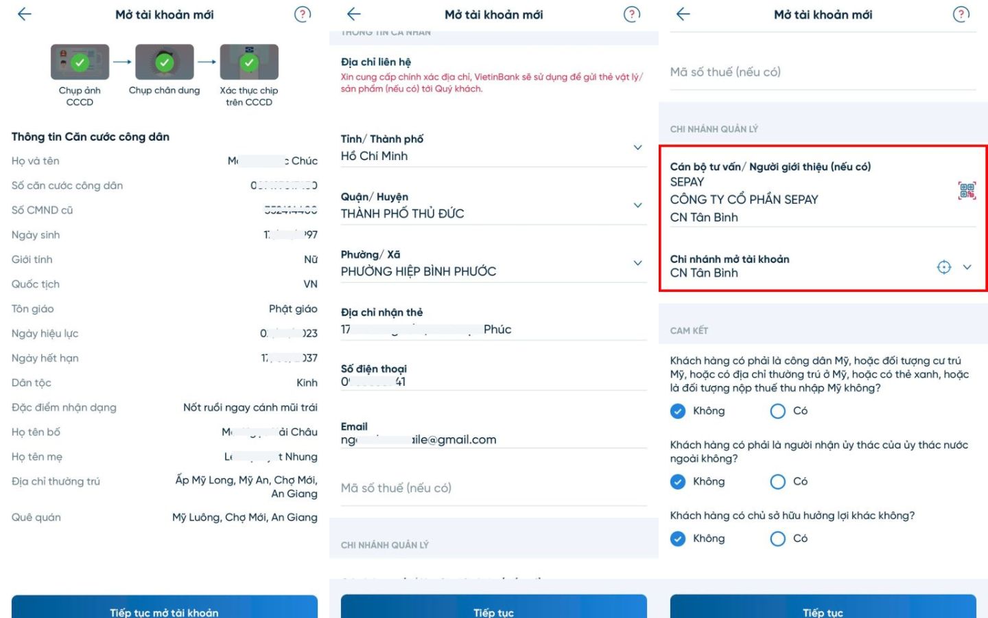 Điền các thông tin theo yêu cầu để mở thẻ
