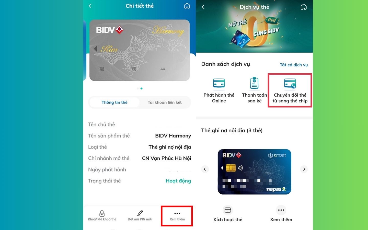 Nhấp Xem thêm > Chuyển đổi từ thẻ sang chip