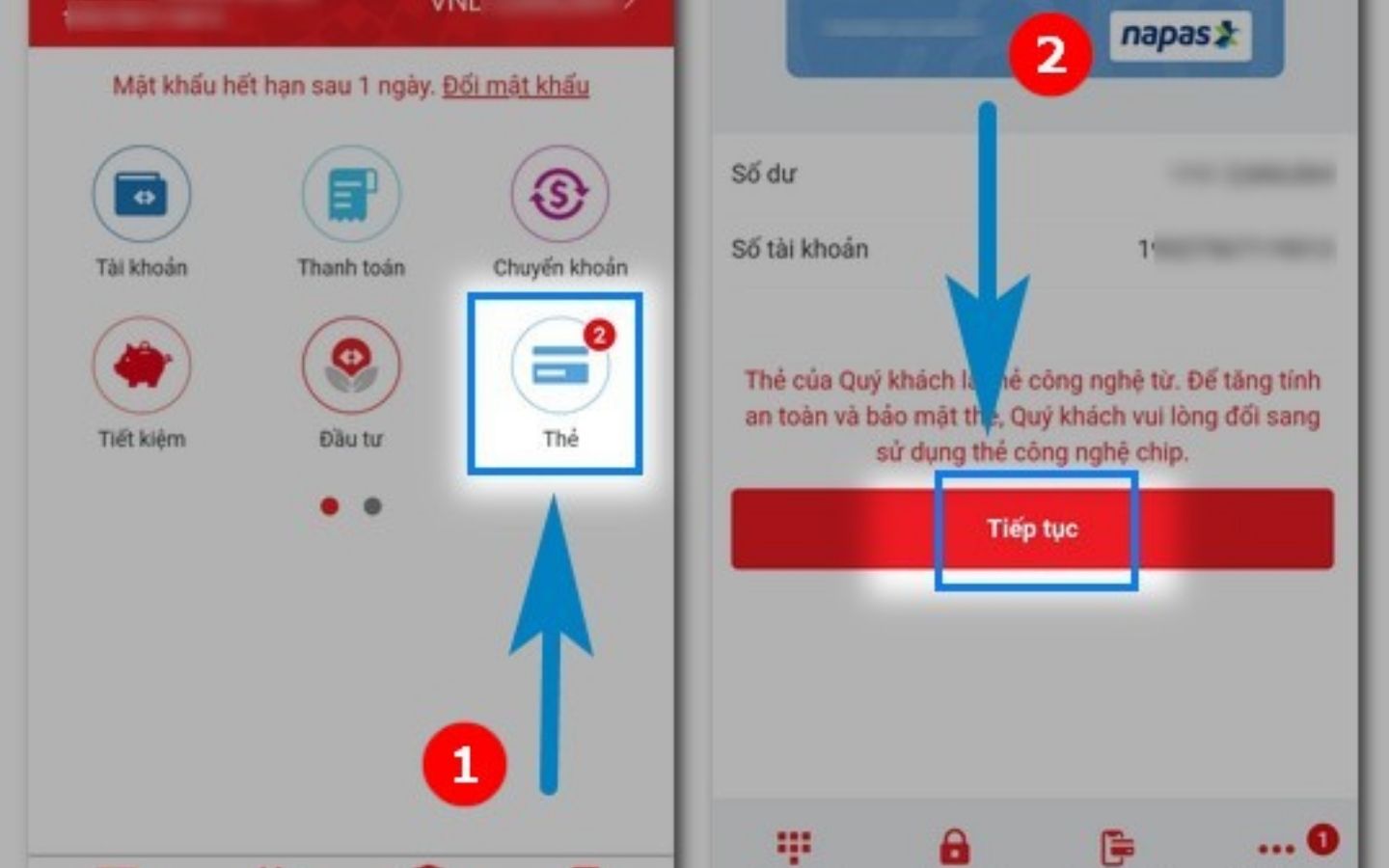 Đăng nhập và chọn vào mục Thẻ > Tiếp tục