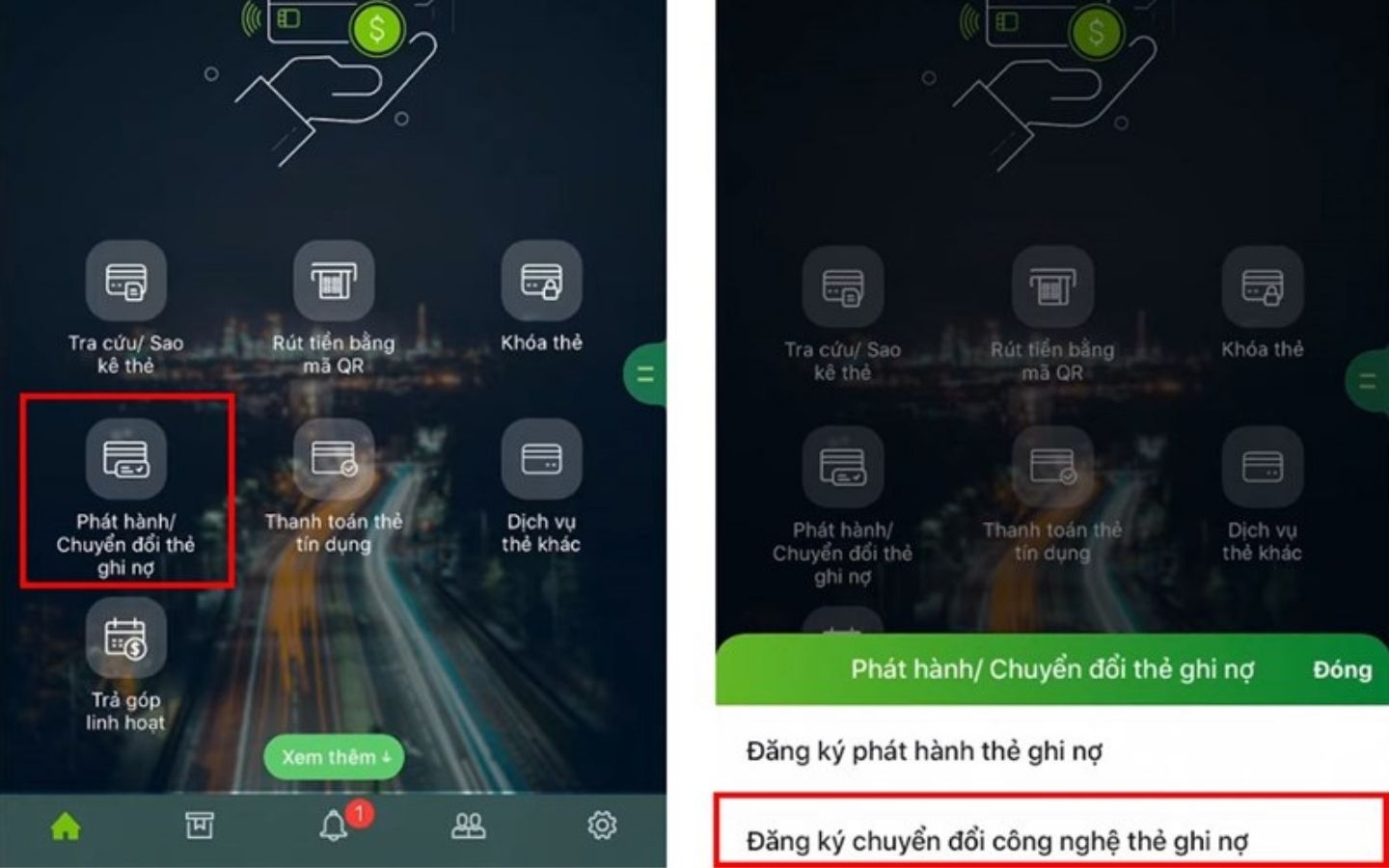 Chọn Đăng ký chuyển đổi công nghệ thẻ ghi nợ