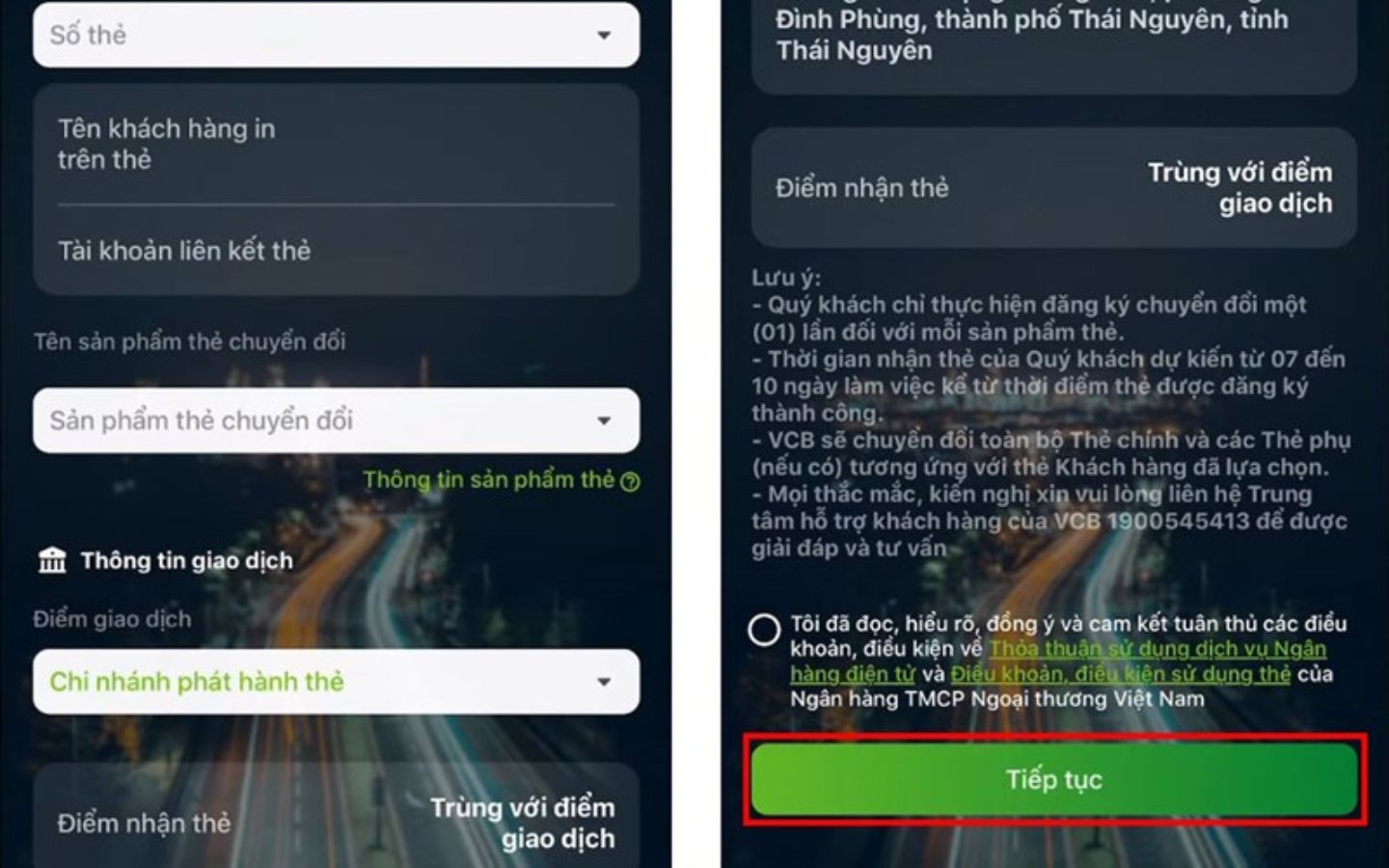 Điền thông tin địa chỉ nhận thẻ và chọn Tiếp tục