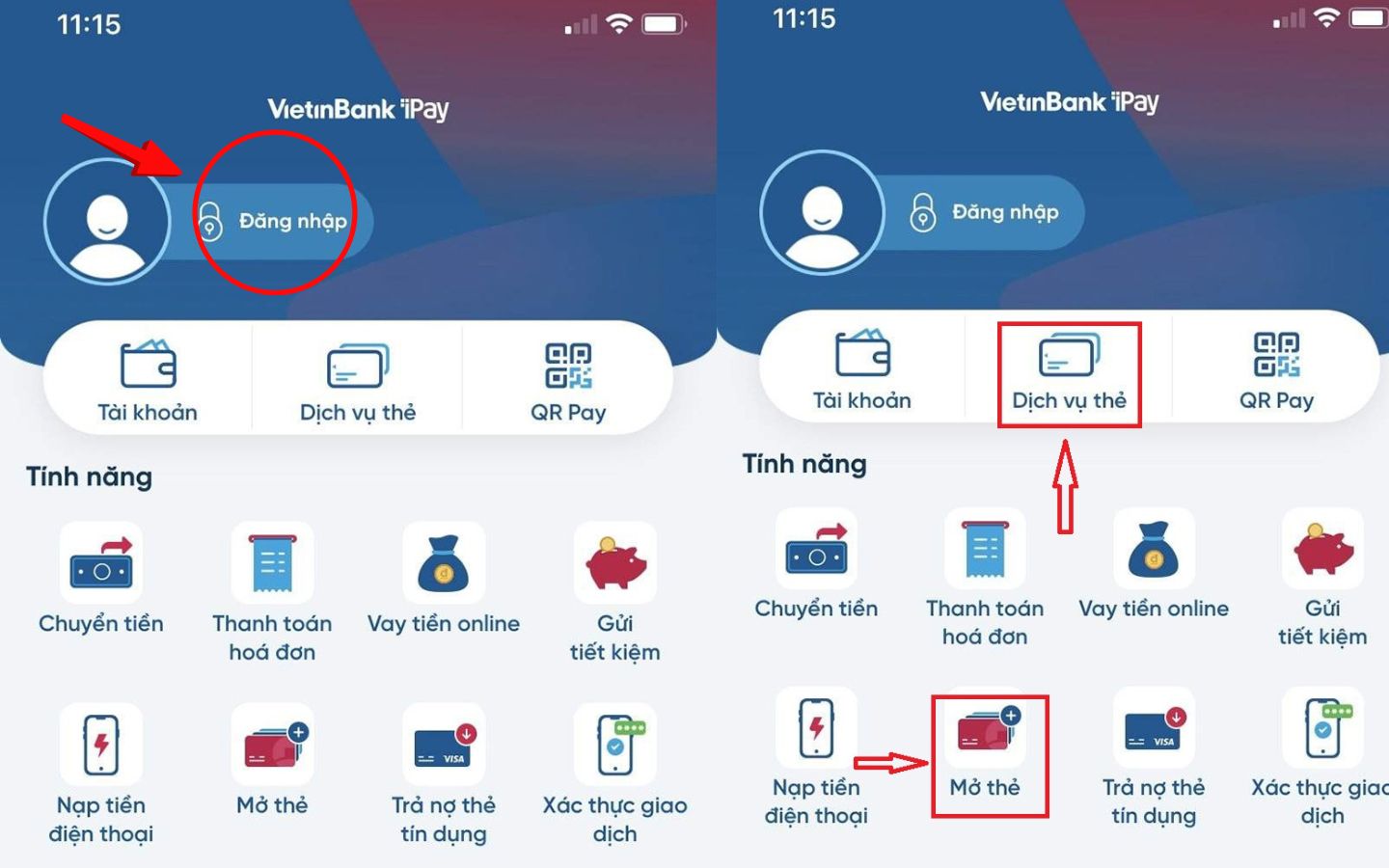 Đăng nhập và chọn Dịch vụ thẻ