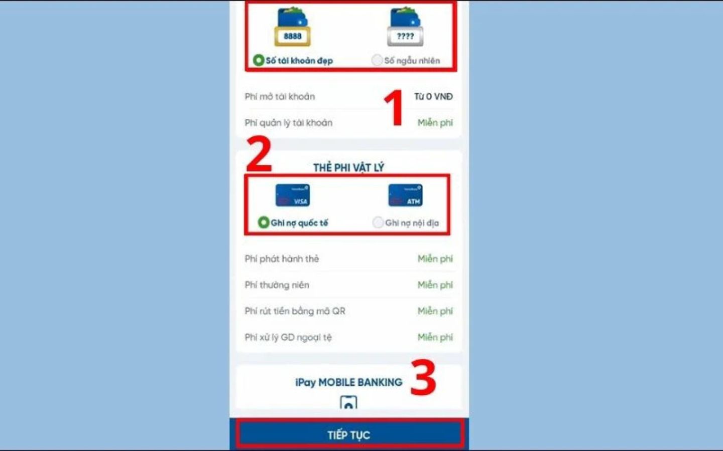 Chọn Thẻ vật lý > Mở Thẻ Ghi nợ Nội địa
