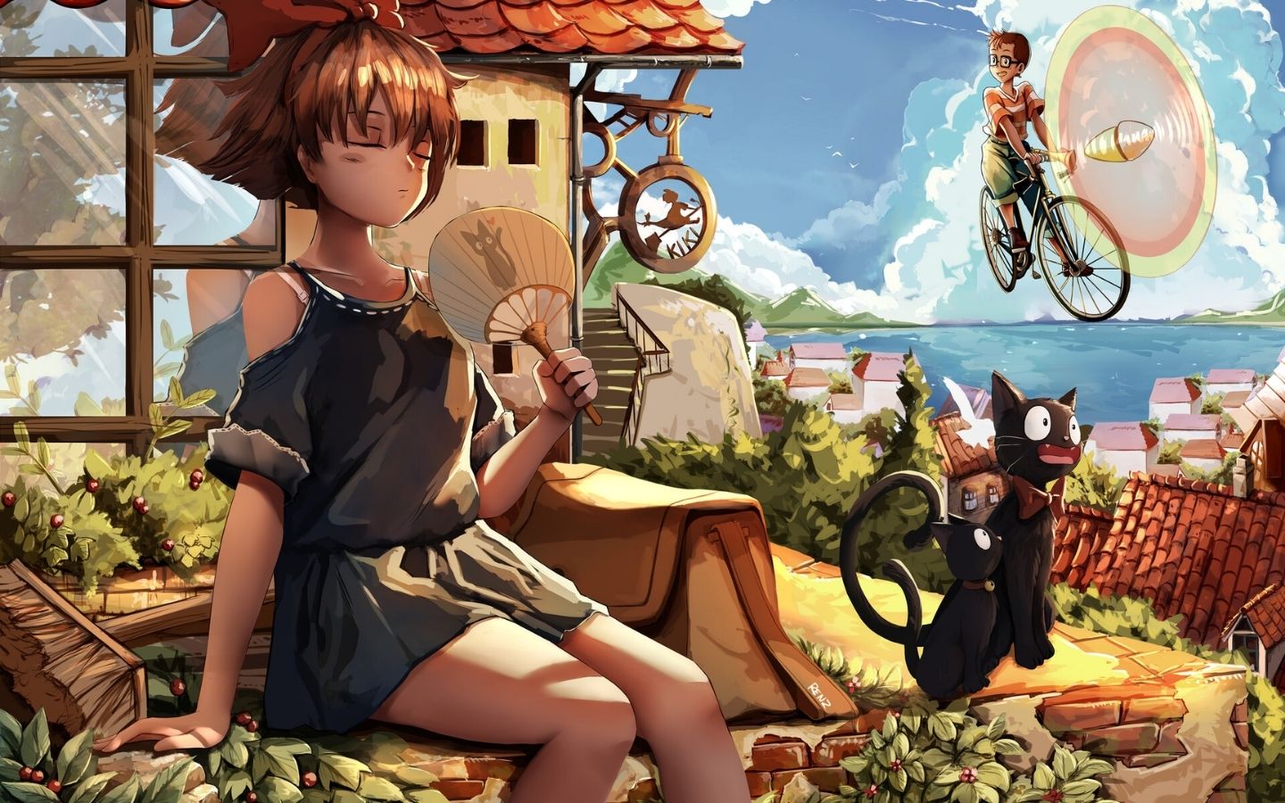 Nhân vật anime nữ đáng yêu đang ngồi tại ngôi làng yên bình