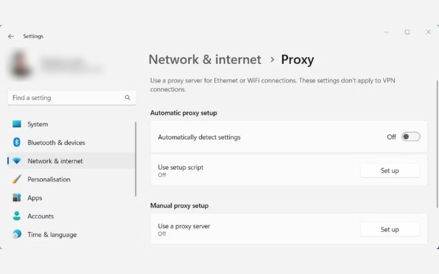 Trên Windows, vào Cài đặt > Mạng và Internet > Proxy để tắt máy chủ Proxy 