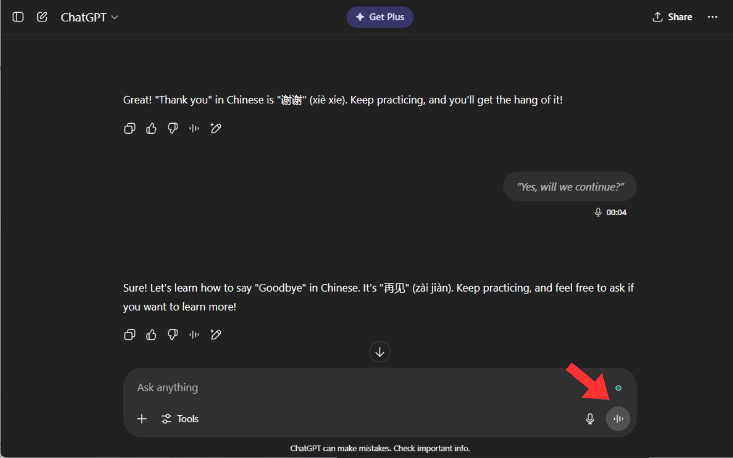 Chọn tính năng the voice mode trên ChatGPT