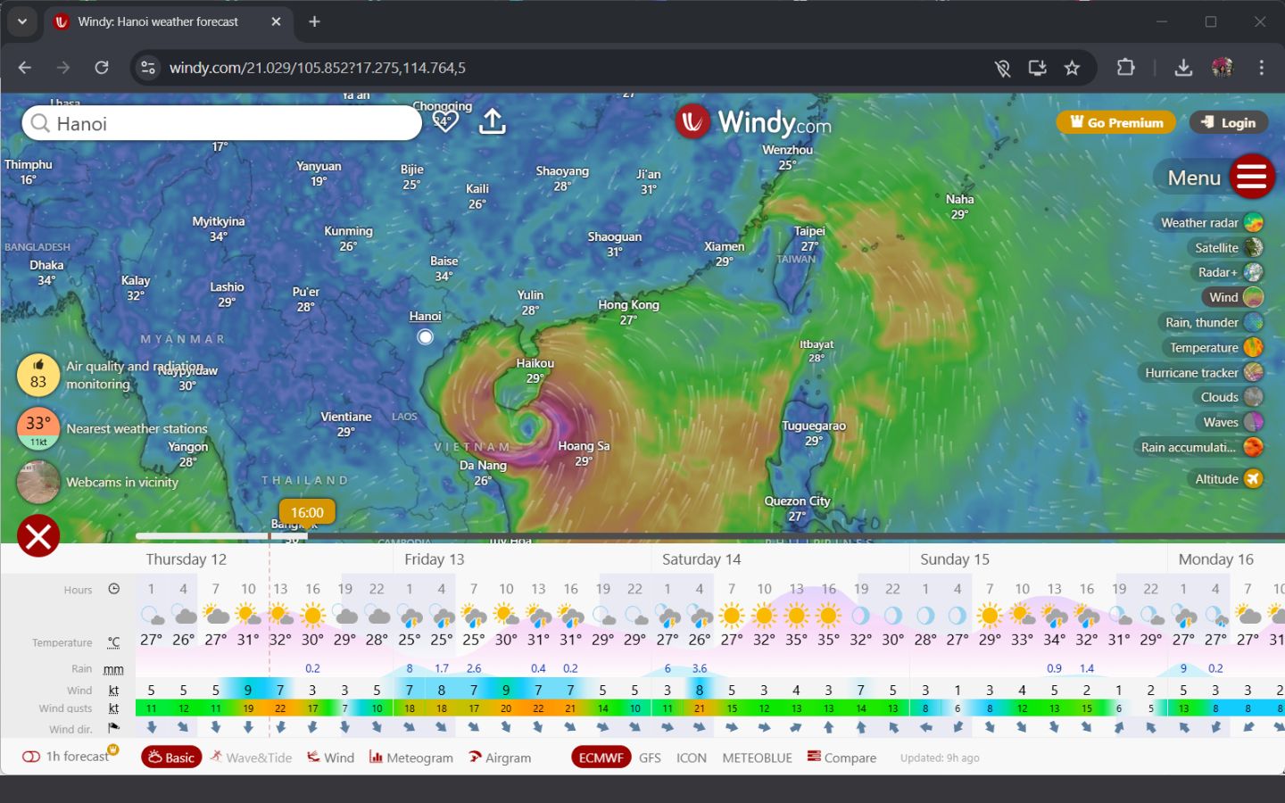 Thời tiết tại Hà Nội trên Windy
