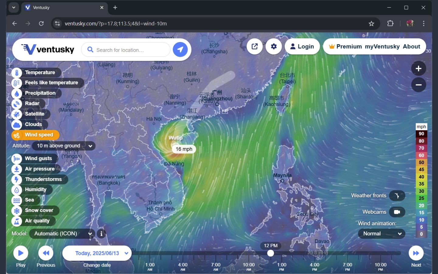 Theo dõi bão trên website trực tuyến của Ventusky