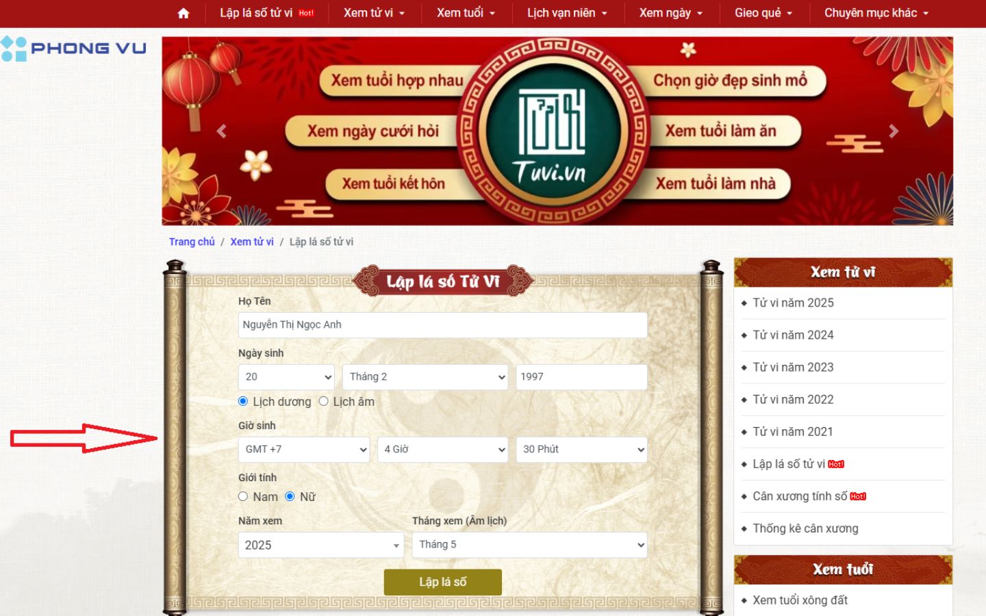 Điền đầy đủ thông tin vào lá số tử vi