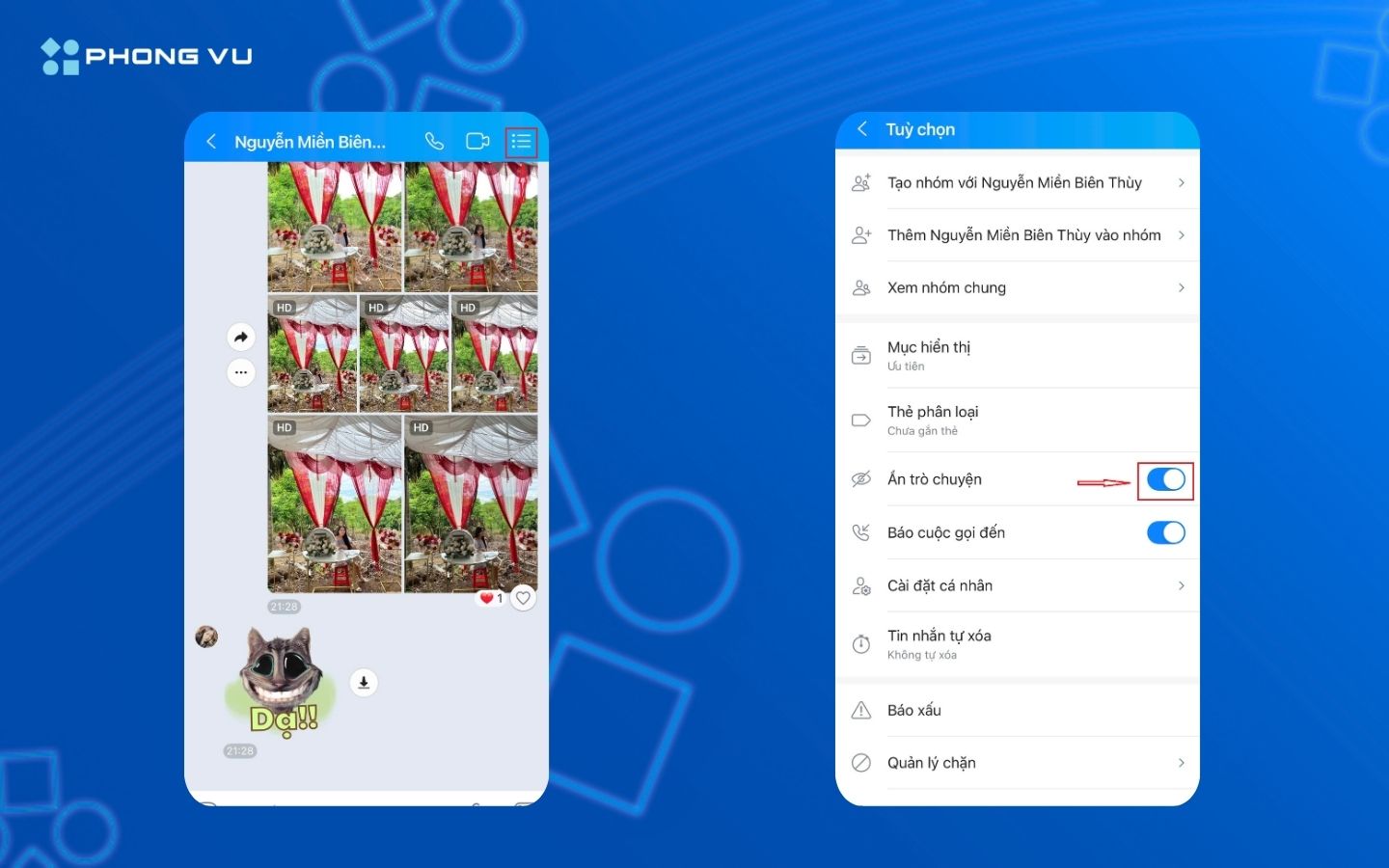 Mẹo đọc tin nhắn ẩn Zalo không cần mật khẩu cực nhanh và hiệu quả 14 Chọn biểu tượng dấu ba gạch ở góc phải màn hình > Ẩn trò chuyện