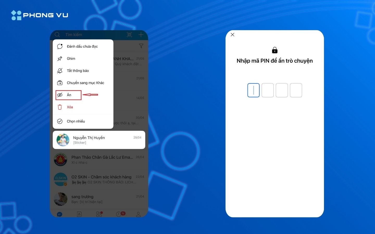 Mẹo đọc tin nhắn ẩn Zalo không cần mật khẩu cực nhanh và hiệu quả 3 Chọn Ẩn trò chuyện và nhập mã pin để xác nhận thao tác
