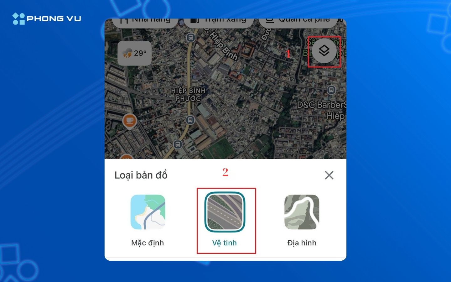 Chọn mục "Vệ tinh" trên màn hình hiển thị