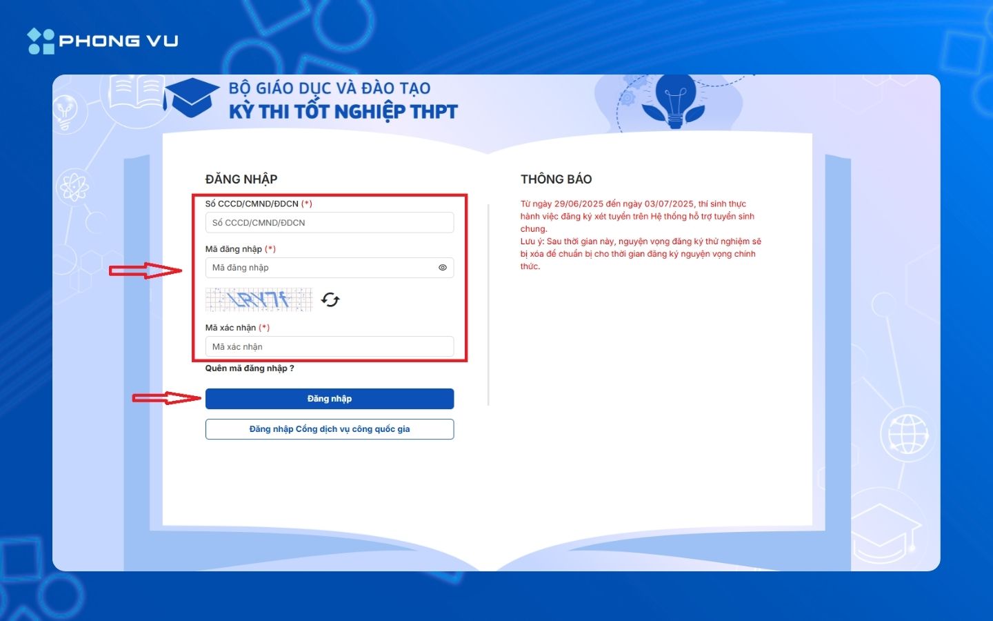 Điền thông tin đăng nhập theo yêu cầu