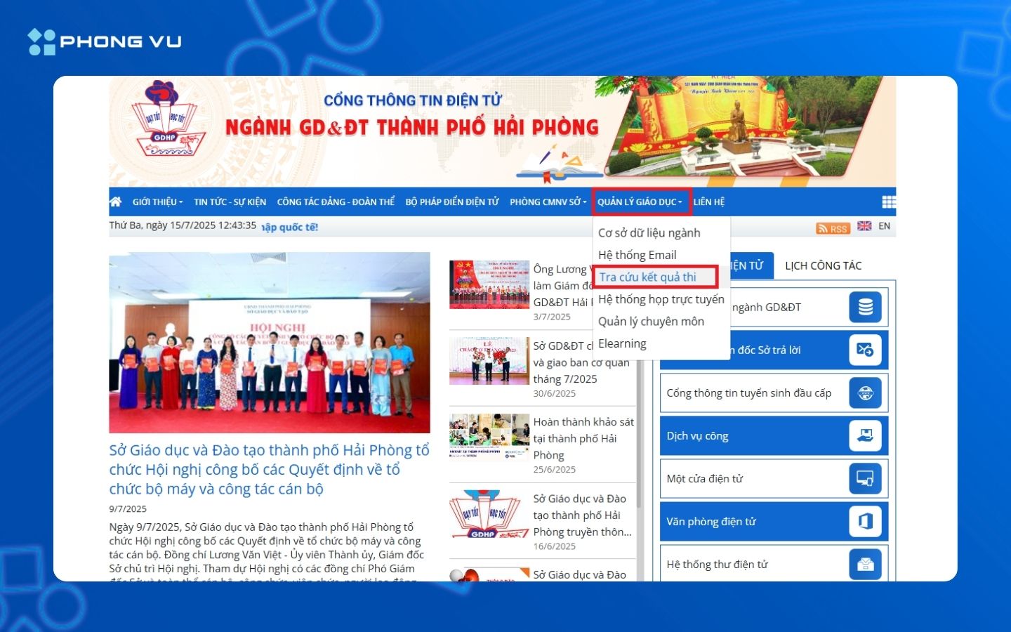 Tìm mục tra cứu điểm thi trên trang chủ