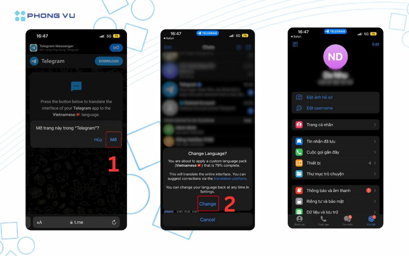 Cách cài tiếng Việt cho Telegram trên điện thoại, máy