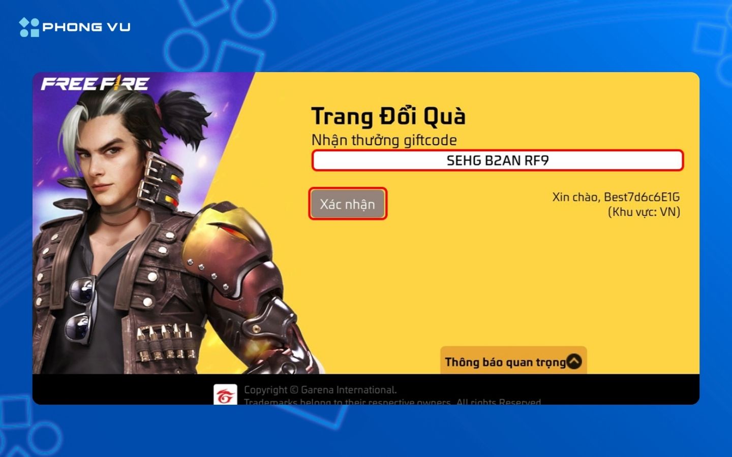 Nhập mã code Free Fire vào ô được cung cấp trên trang web