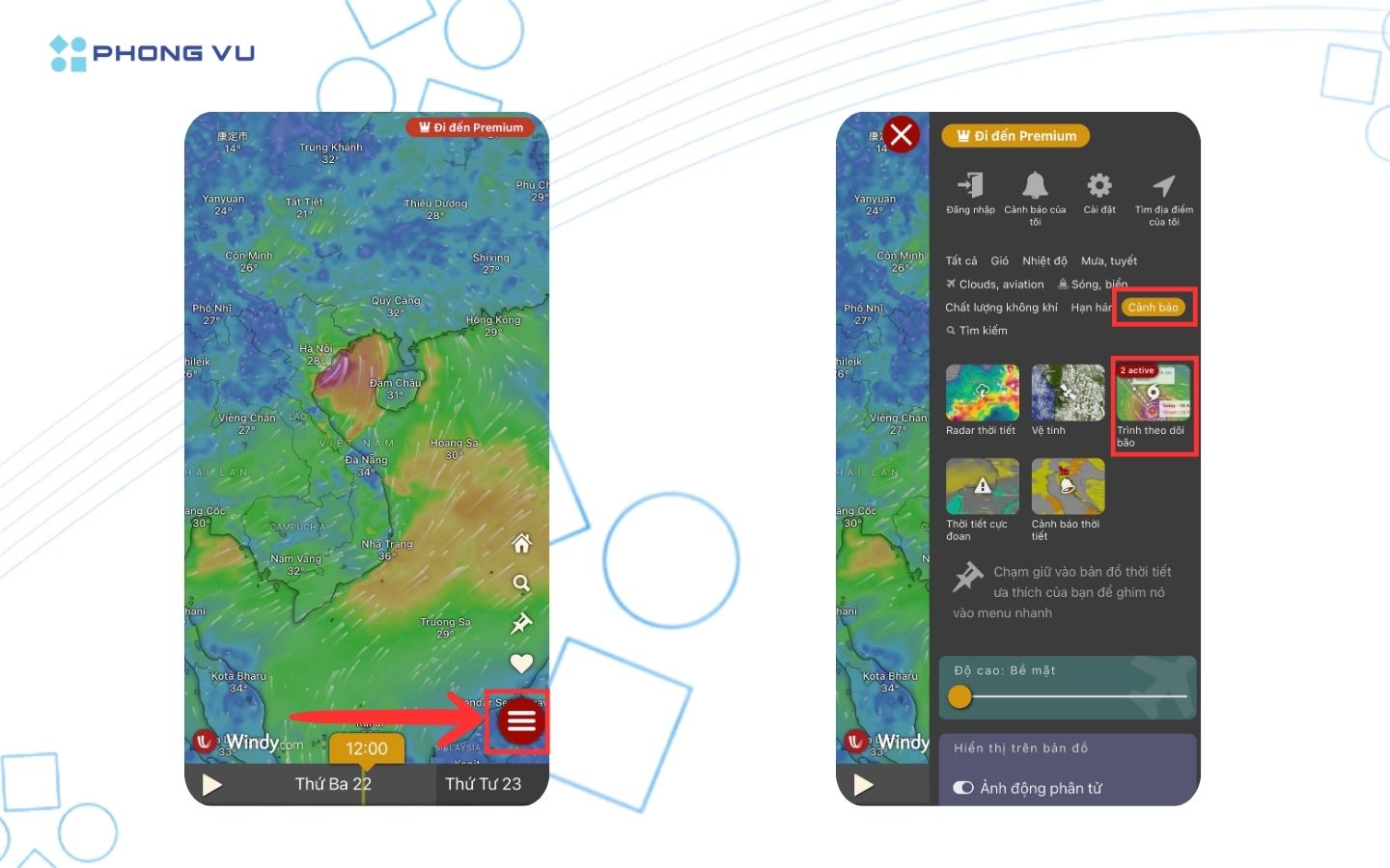 Trong menu, chọn mục Cảnh báo (Warnings) và sau đó chọn Trình theo dõi bão
