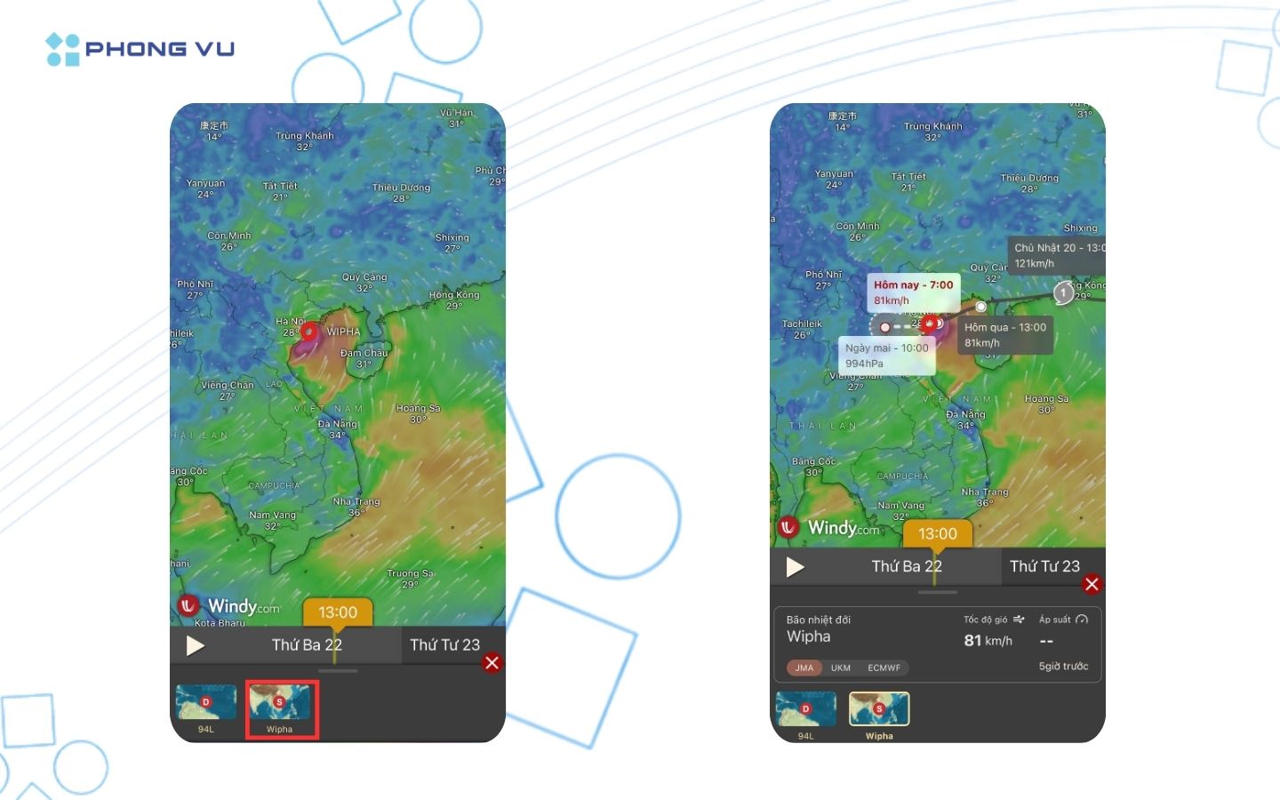 Hãy tìm và chọn cơn bão Wipha để xem thông tin chi tiết về đường đi dự kiến, các vòng ảnh hưởng, tốc độ gió,...